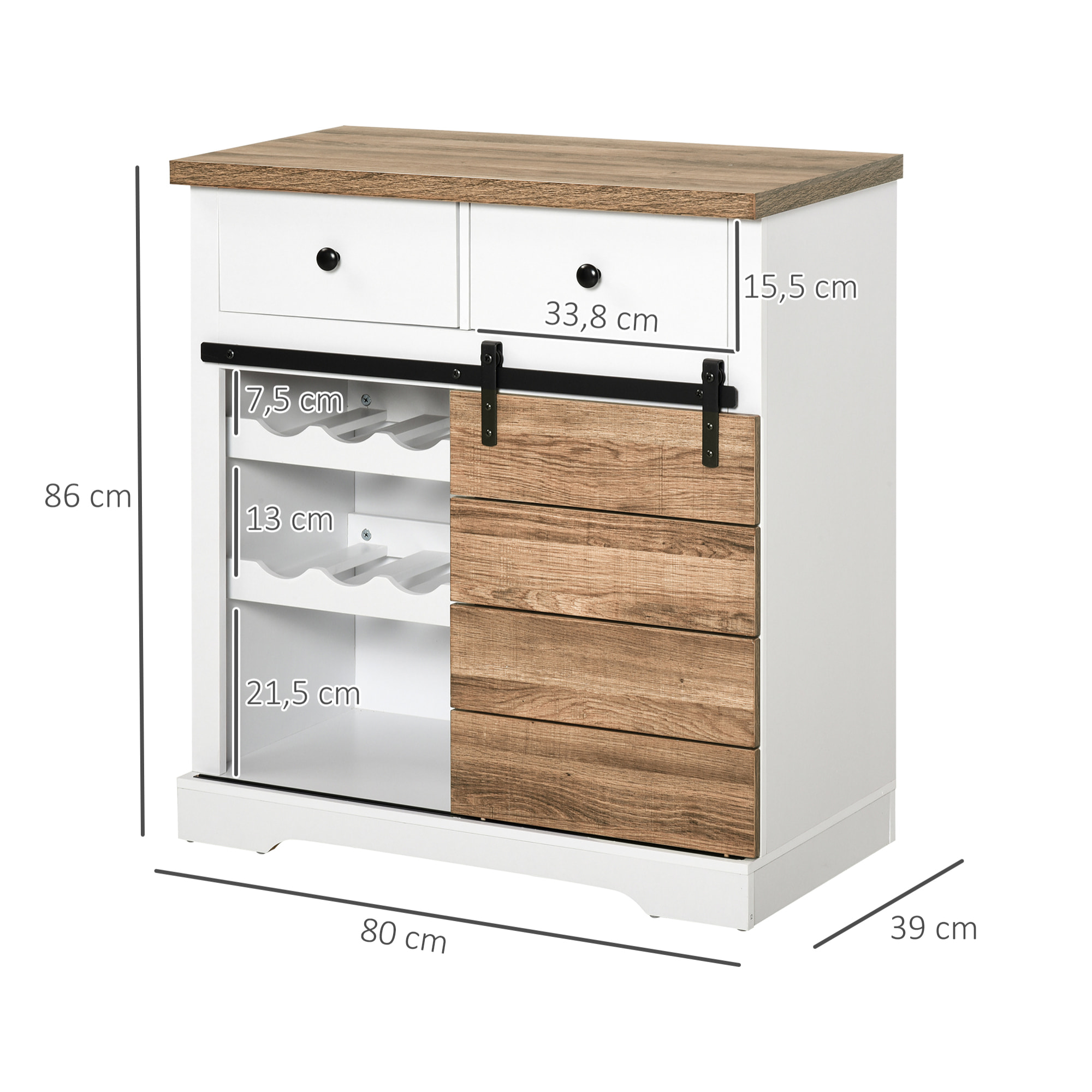 Aparador Armario de Cocina Aparador de Cocina Mueble Botellero para 6 Botellas con Puerta Corredera de Granero y 2 Cajones Estilo Rústico para Salón Comedor 80x39x86 cm Blanco y Natural