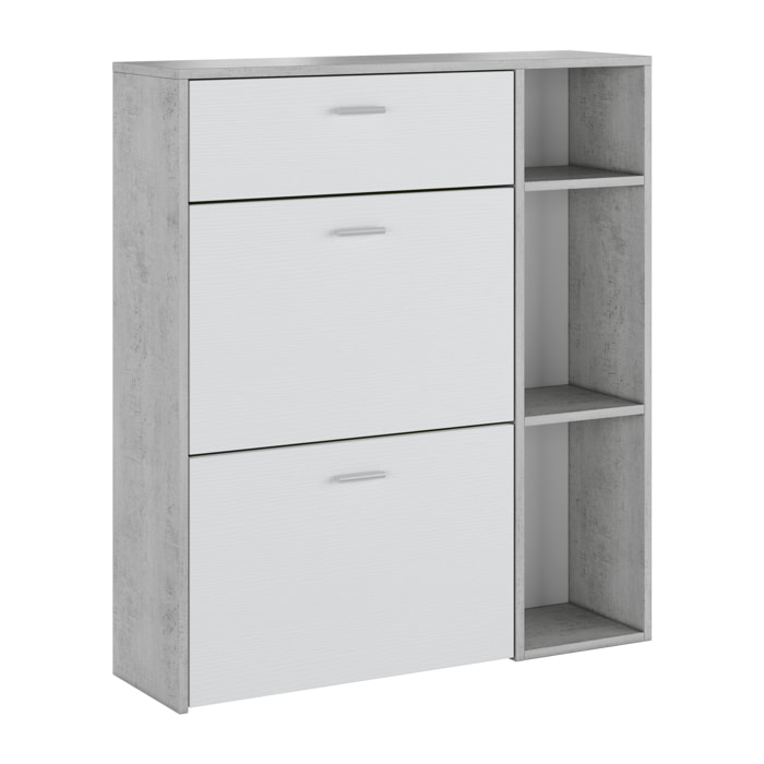 Scarpiera Mobile Portascarpe Salvaspazio Ingresso Con 2 Ribalte Doppia Profondità 1 Cassetto 3 Vani A Giorno 90x101.5x26 Cm Bianco Grigio Cemento