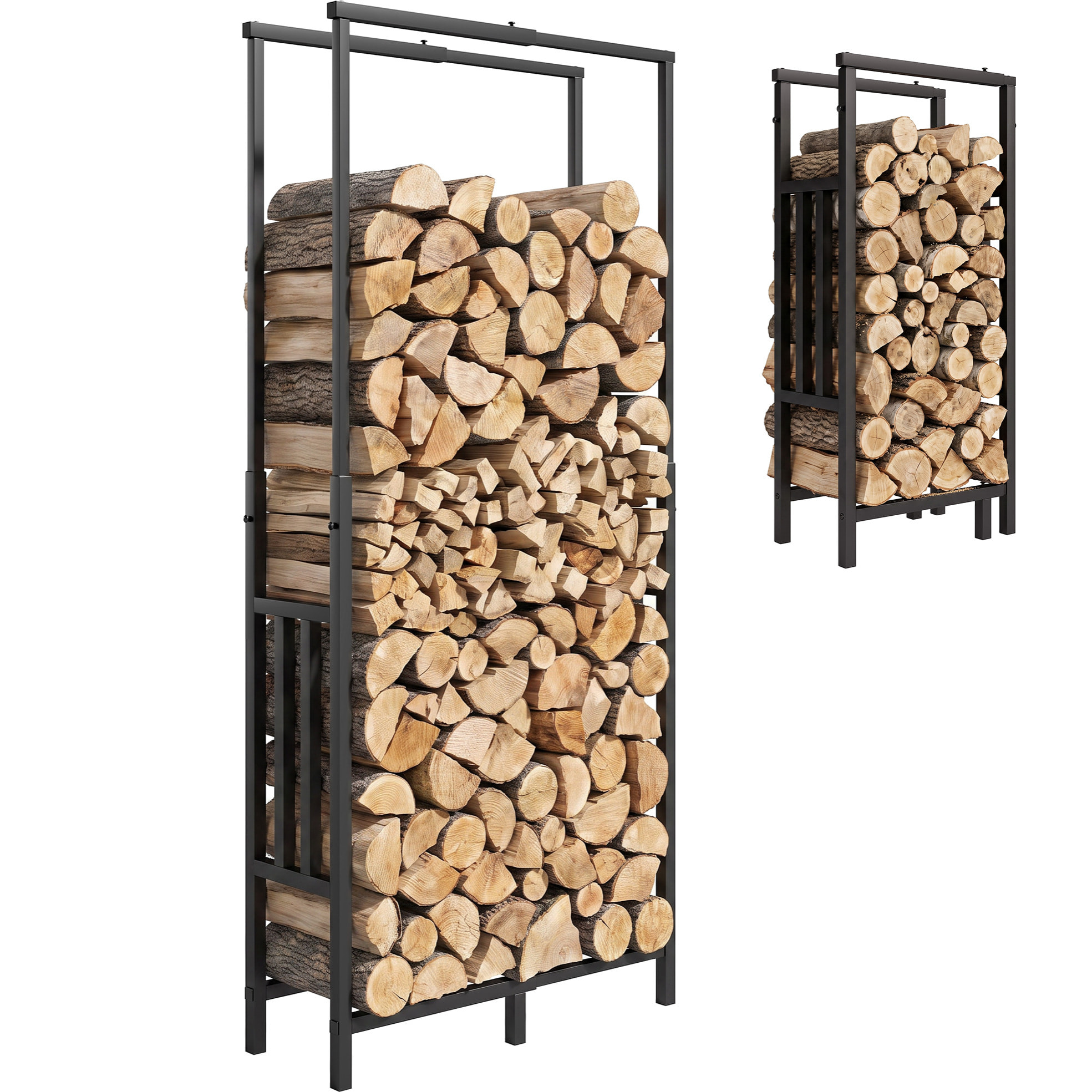 Estante de Leña de Acero Robusto, Leñero Exterior con Ancho y Alto Ajustables, Soporte para Leña de Chimenea para Interior y Exterior, Carga 100 kg, 45,5-75,5x25x98-170 cm, Negro