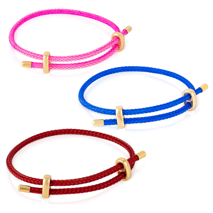 Pack de 3 pulseras trenzadas de alambre de acero rosa, azul y rojo con cierre cruzado de cobre dorado.