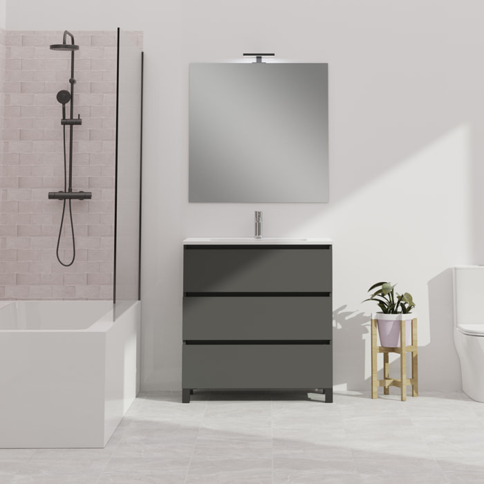 Ensemble De Salle De Bain Wink | 80 Cm Gris Mat | 3 Tiroirs | Vasque Ceramique | N'Inclut Pas Miroir | Mueble Montado | Alday