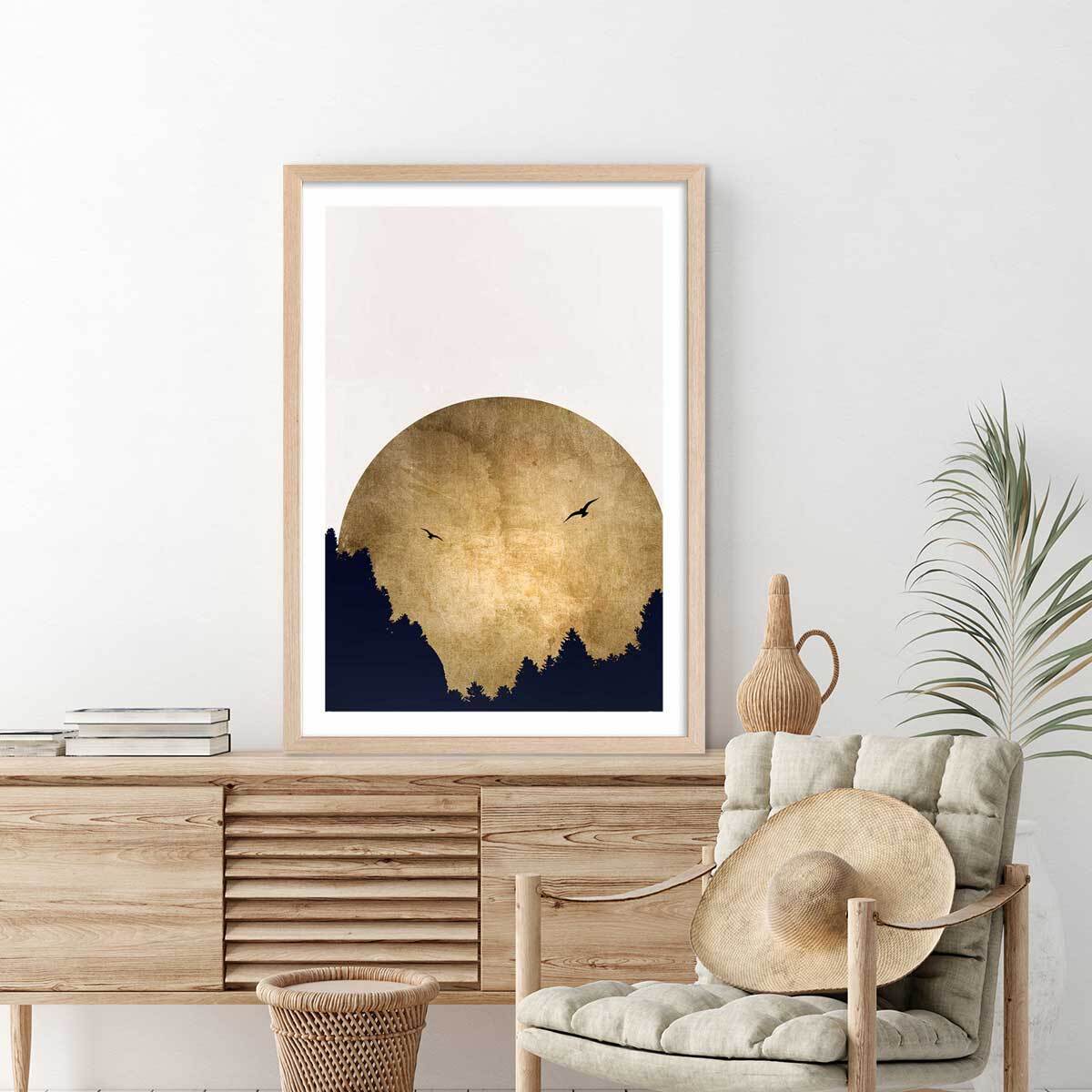 Poster crepuscule doré Affiche + cadre en bois - Chêne