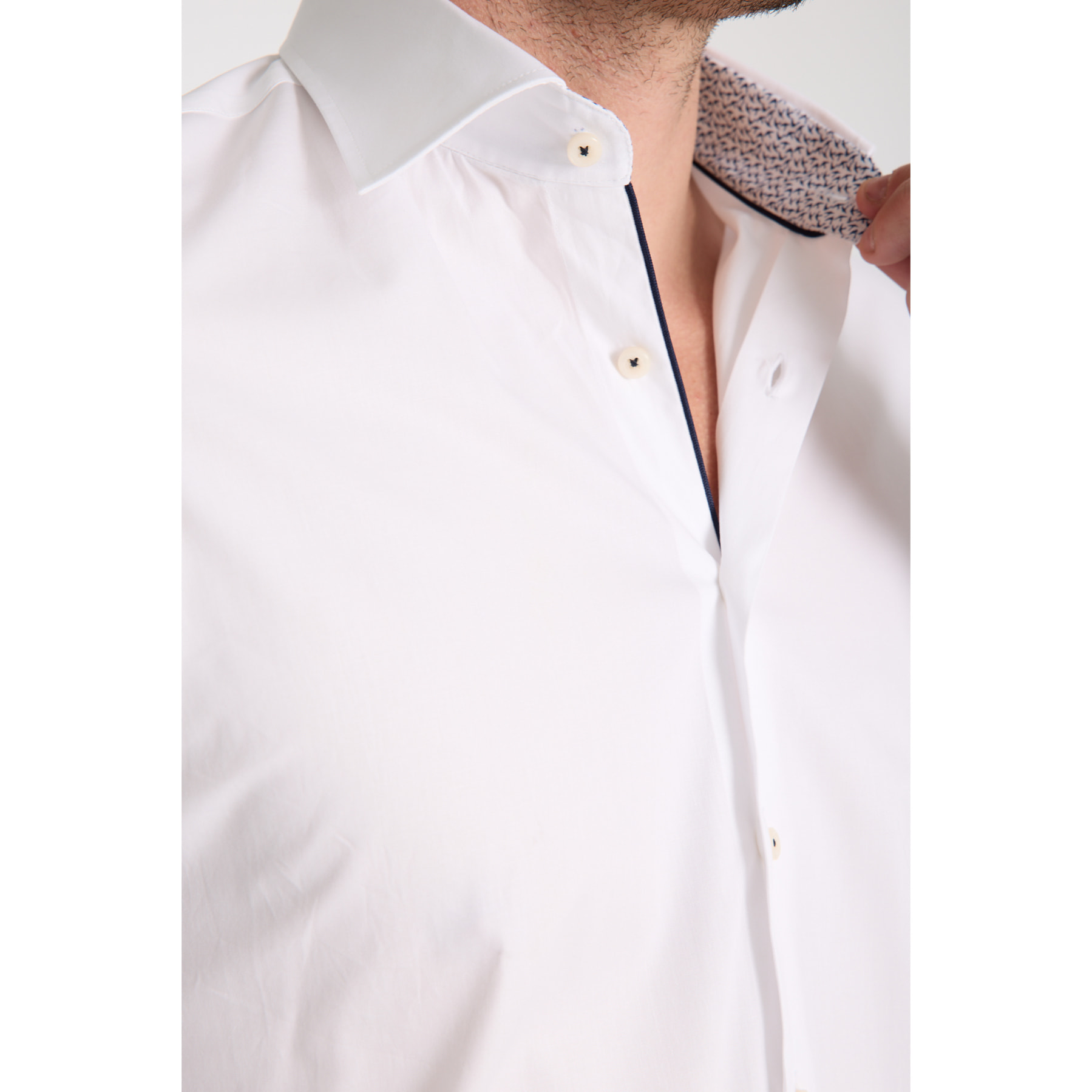 Camicia Uomo 1 Bottone Francese Slim Popeline Stretch Unito Bianco