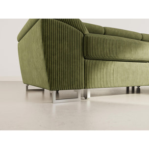 Baoji - Canapé d'angle droit 5 places convertible avec têtières et coffre en velours côtelé - Vert