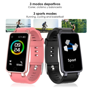 Brazalete inteligente C2 Plus con monitor cardiaco, presión sanguínea y notificaciones.