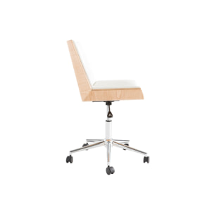 Chaise de bureau à roulettes design blanc, bois clair et acier chromé MELKIOR