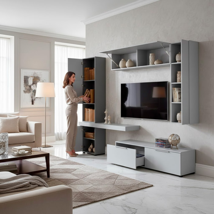 Parete Attrezzata Soggiorno Con Colonna 2 Cestoni 2 Pensili Mensola TV Design Contemporaneo 207.2 x 280 x 49.6 Cm Colore Grigio Chiaro E Grafite