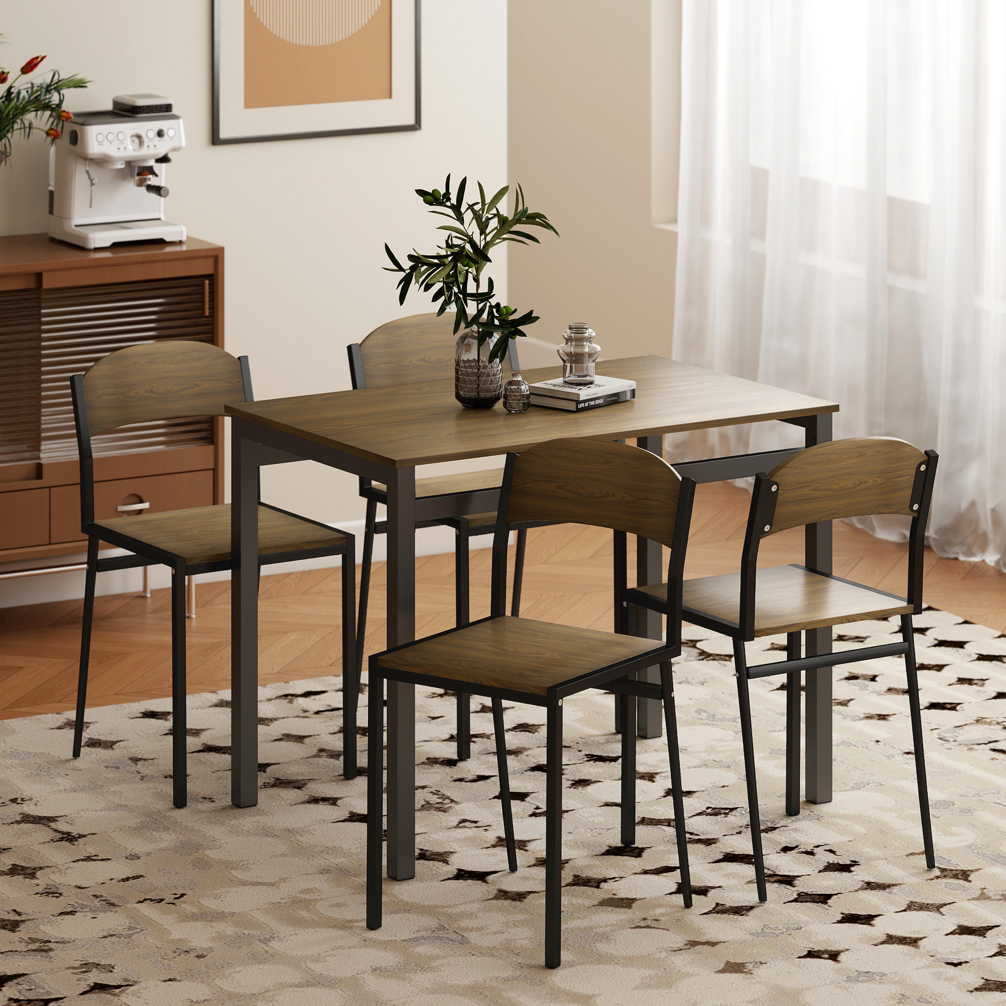 Juego de Mesa y Sillas de Comedor, Mesa de Cocina Rectangular con 4 Sillas, Estilo Moderno, Marco Metálico, para Espacios Pequeños, Salón, Marrón Oscuro y Negro