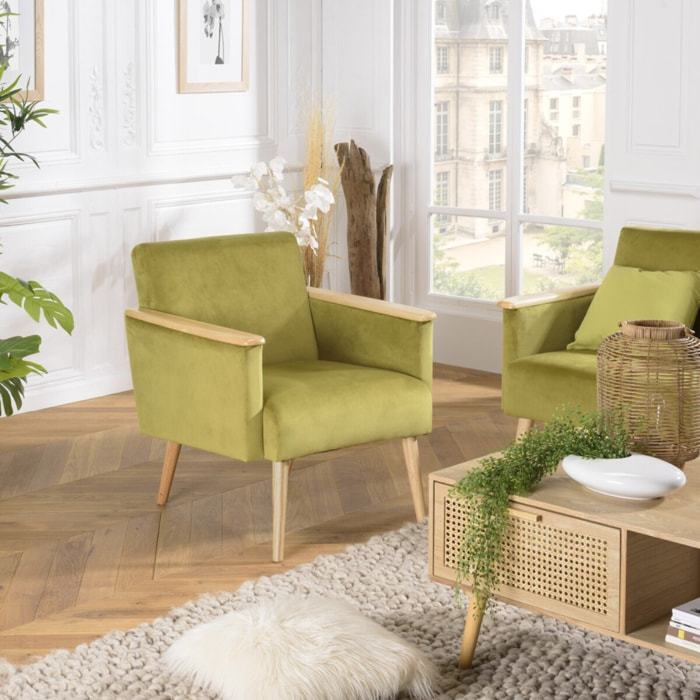 AGATHE - Fauteuil velours vert clair pieds et accoudoirs bois