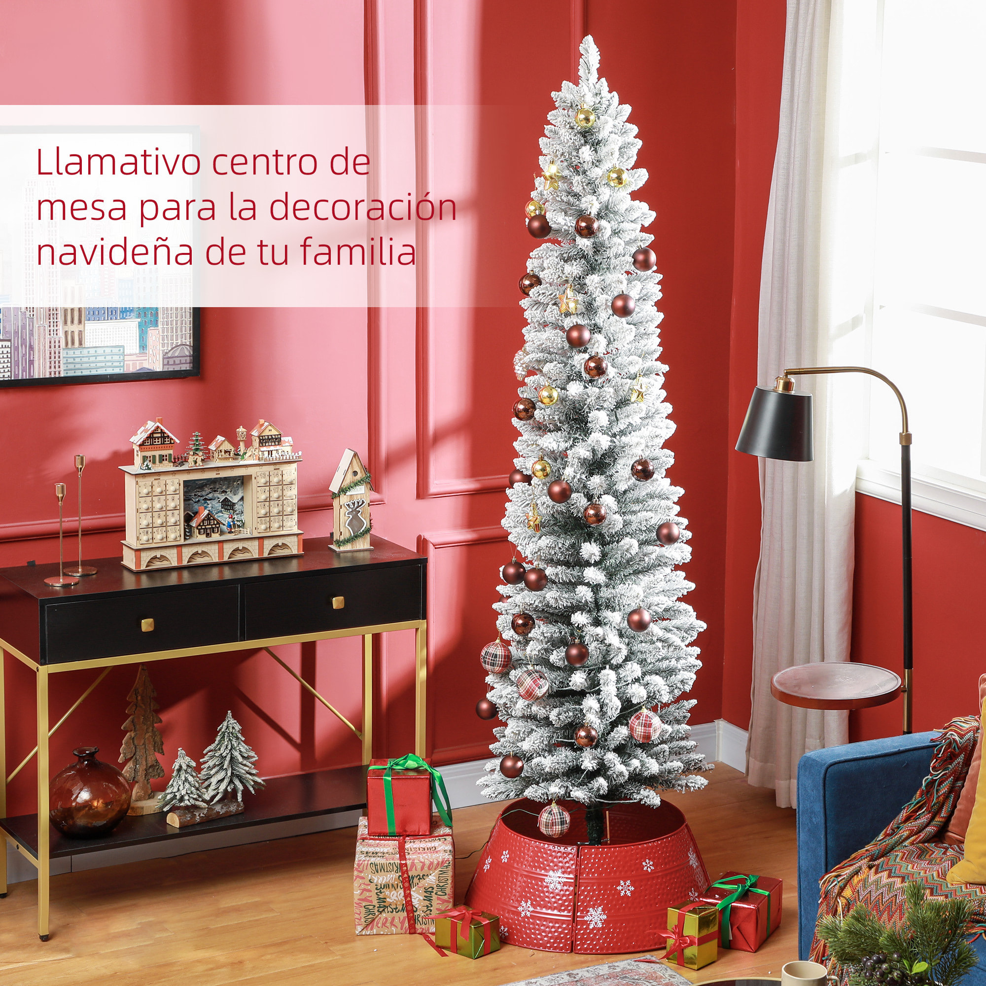 Árbol de Navidad 210 cm Árbol de Navidad Artificial Nevado con 180 Luces LED 405 Ramas y Soporte de Metal Árbol de Navideño para Salón Verde y Blanco