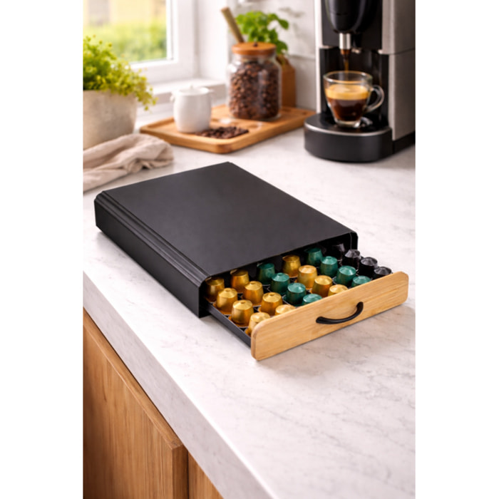 Tiroir de rangement pour capsules Nespresso Design industriel Bambou & Acier ELIE Noir mat MSV