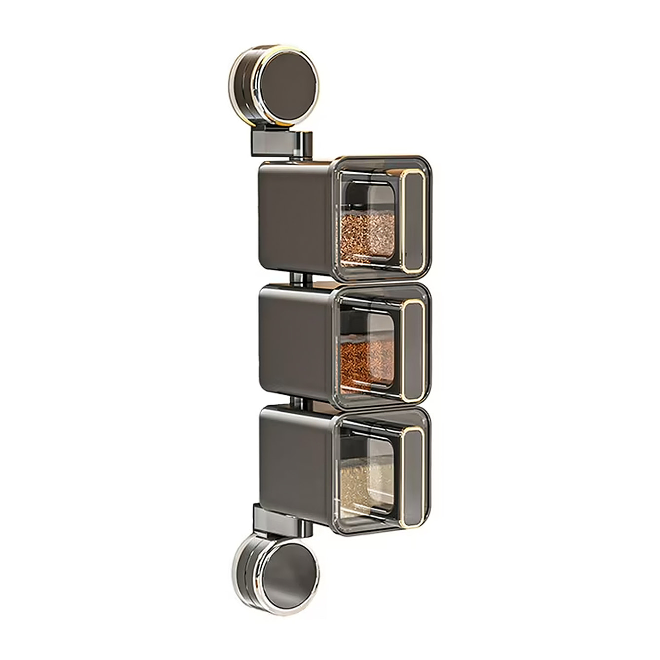 Organizador transparente para especias de cocina montado en la pared con ventosas, asas ergonómicas con cuerpo giratorio 180°, 3 compartimentos