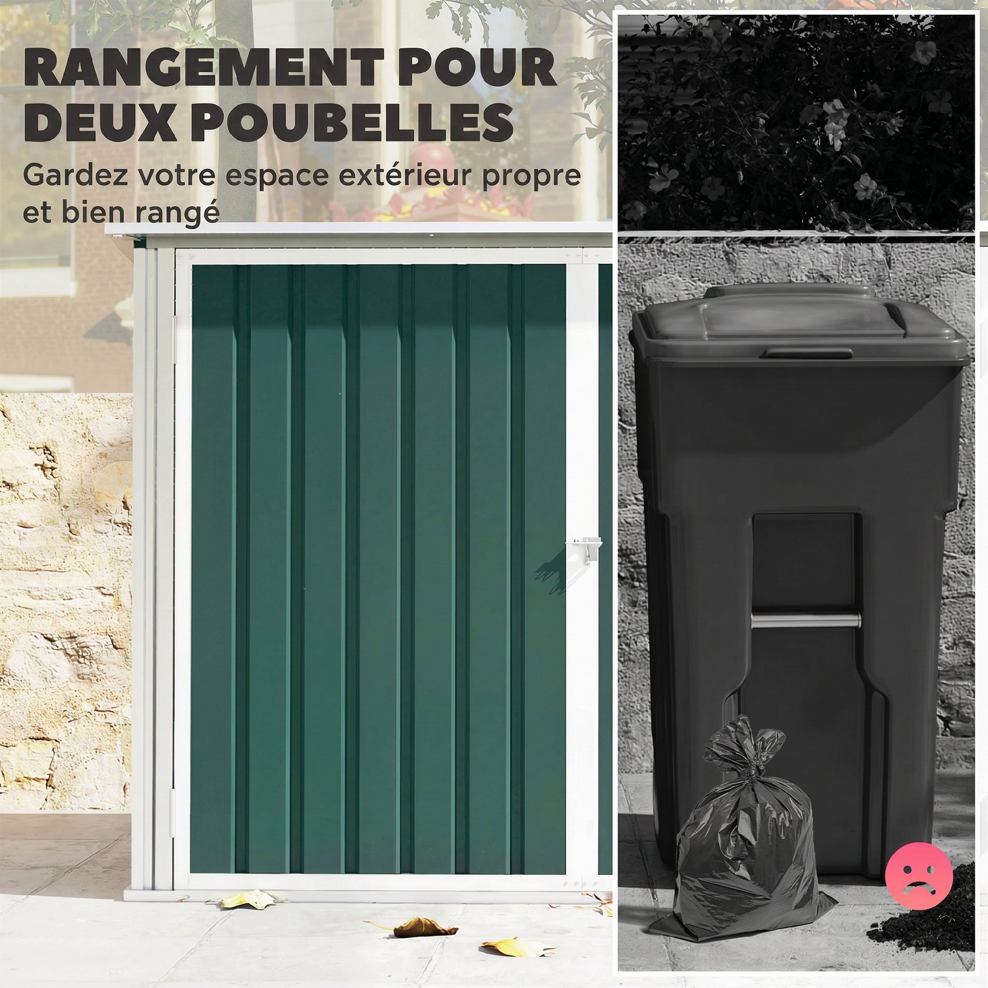 Abri de poubelle jardin - cache poubelle - 2 portes verrouillables, toit ouvrant - tôle d'acier blanc vert