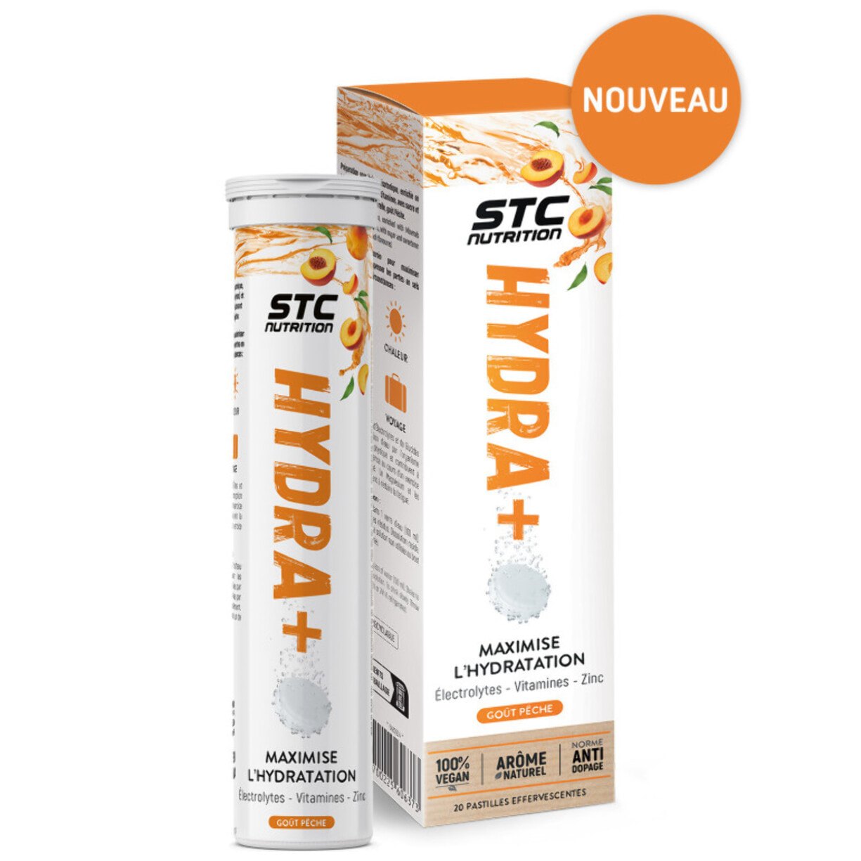 STC NUTRITION - Hydra+ - Préparation pour boisson isotonique à base d'Électrolytes, Vitamines, sucre et édulcorant naturels - Pêche - Optimise l'hydratation - 20 Pastilles