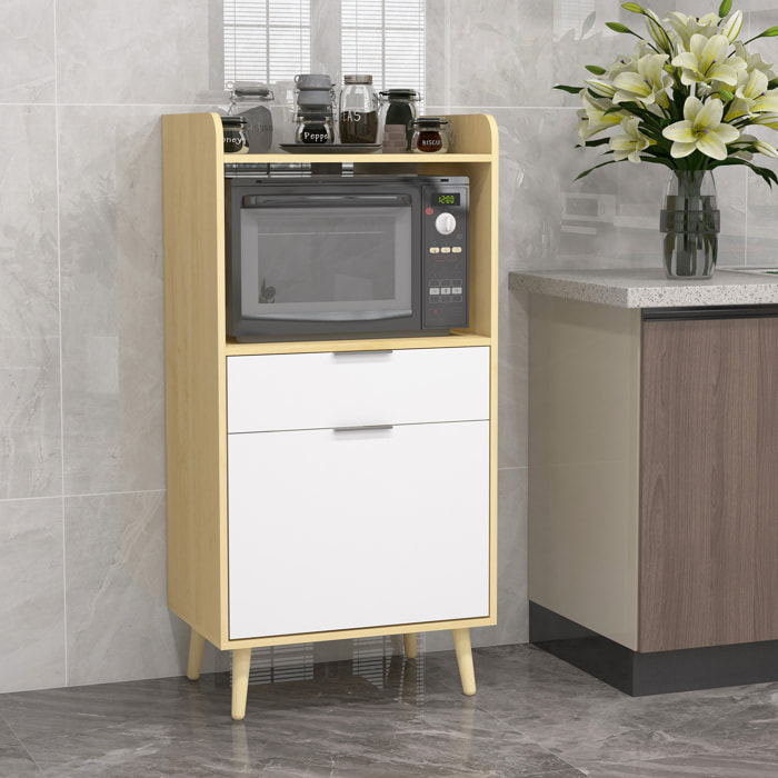 Mueble Microondas, Mueble Auxiliar de Cocina, Estilo Escandinavo con Armario, Cajón y Estante Ajustable, 58x40x118 cm, Natural y Blanco