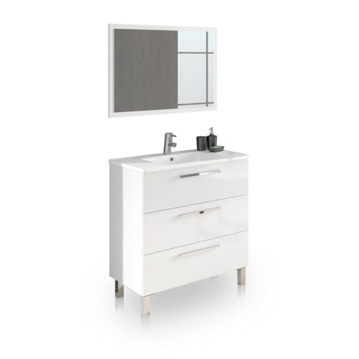 Mueble de baño con espejo Feel 3 cajones Blanco Brillo