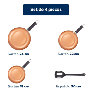 Batería de cocina 7pc en aluminio forjado + juego de sartenes ø18ø22ø26 + espátula ranurada san ignacio