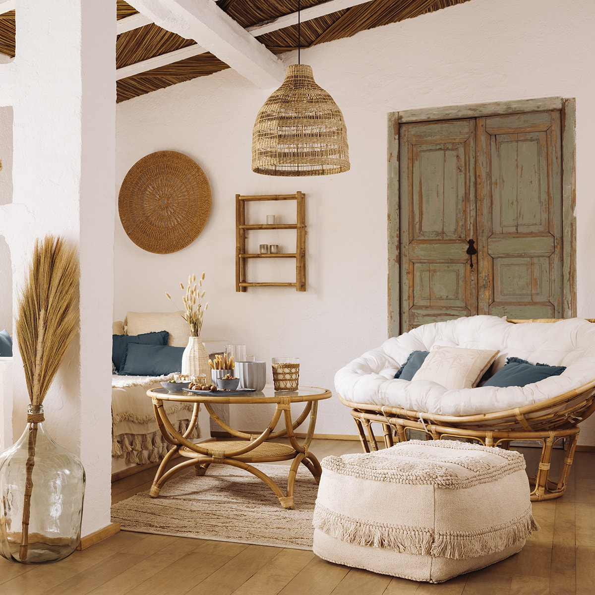 Banquette "Mamasan" - 2 places - rotin - blanc