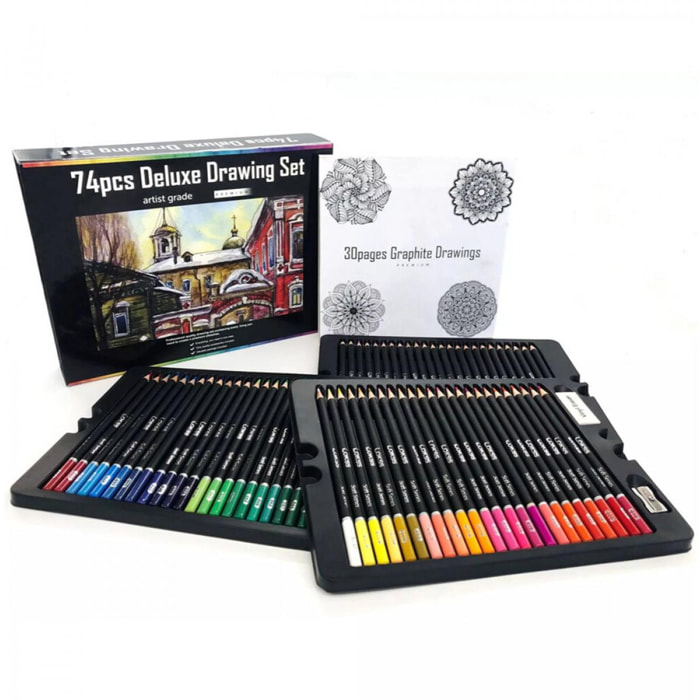 Set di 74 matite colorate DELUXE DRAWING con dima da disegno e gomma.