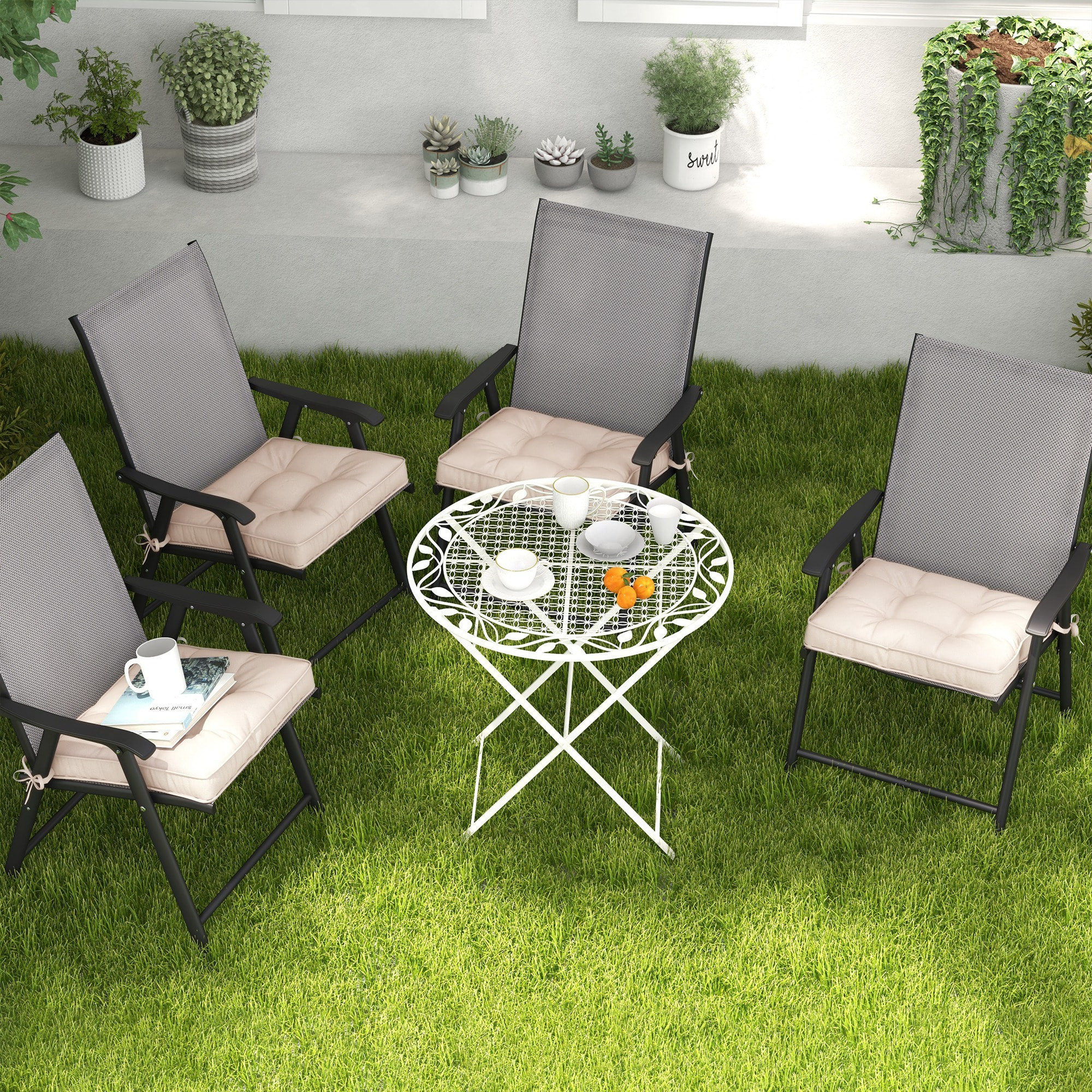 Conjunto de Cojines para Sillas de Comedor 42x42x5 cm Juego de 4 Piezas Cojines para Sillas de Jardín Impermeable con 2 Amarres de Fijación Crema