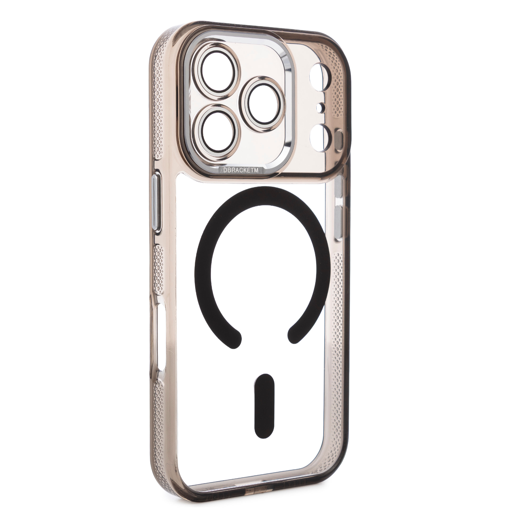 Carcasa transparente con cámara cubierta y bordes negros. Magsafe para iPhone 17 Pro.