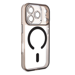 Carcasa transparente con cámara cubierta y bordes negros. Magsafe para iPhone 17 Pro.