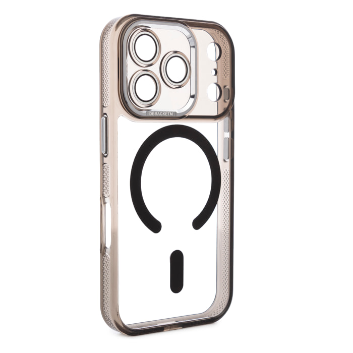 Carcasa transparente con cámara cubierta y bordes negros. Magsafe para iPhone 17 Pro.
