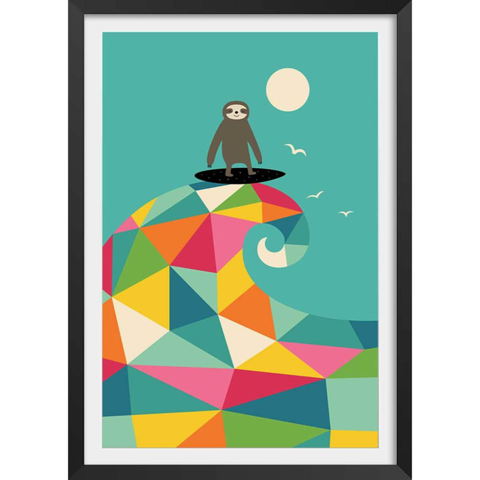 Affiche enfant surf session colorée Affiche + cadre en bois - Noir