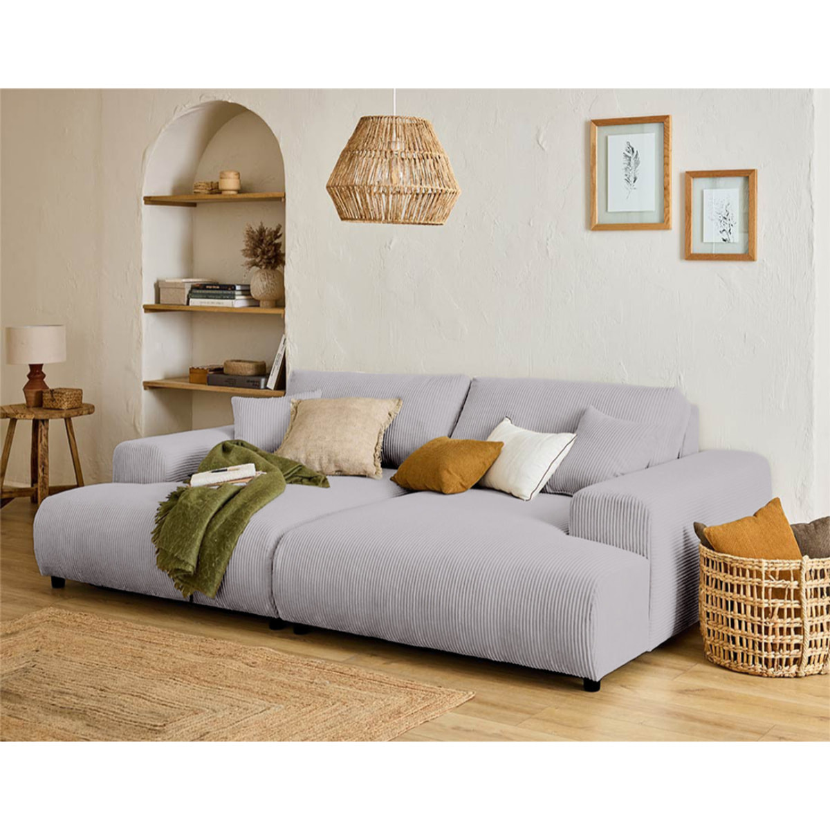 Garance - canapé droit 4 places double méridienne - assise profonde - en velours côtelé - Gris clair