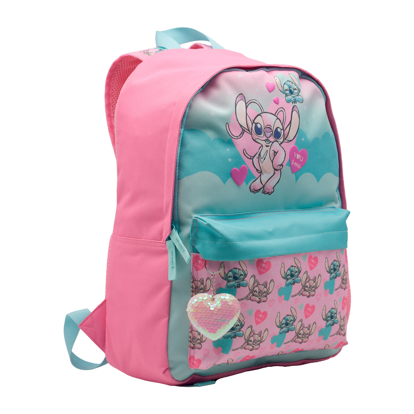 Zaino Americano Angel & Stitch adattabile a carrello. Schienale imbottito e compartimento per laptop. Con accessorio a forma di cuore.