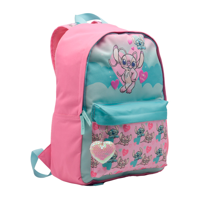 Zaino Americano Angel & Stitch adattabile a carrello. Schienale imbottito e compartimento per laptop. Con accessorio a forma di cuore.