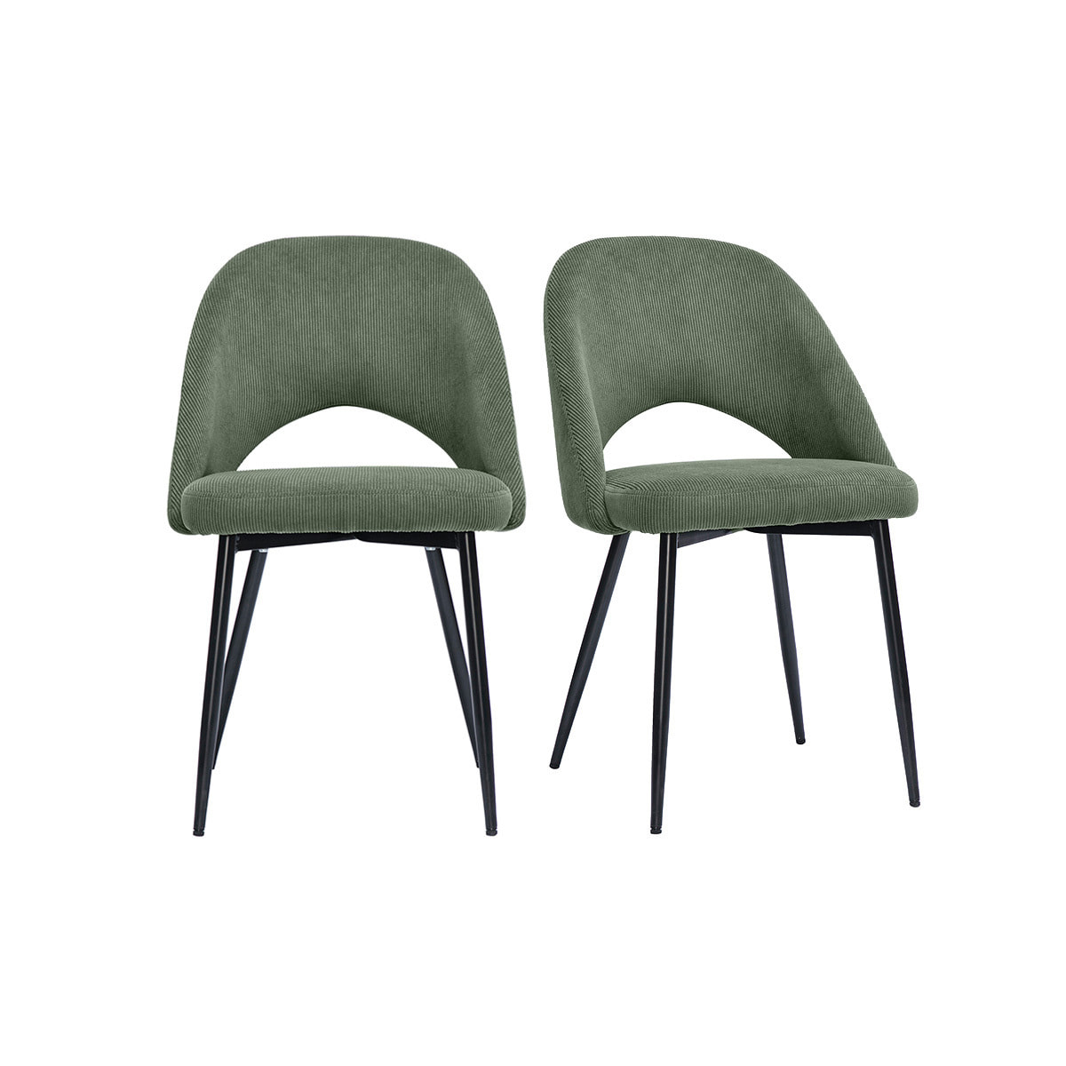 Chaises vintage en tissu velours côtelé vert kaki et métal noir (lot de 2) COSETTE