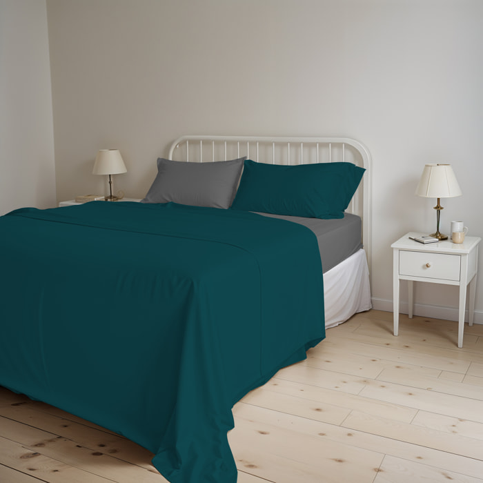COMPLETO LETTO NATURAL COLOR, 100% Cotone, Made in Italy - VERDE PETROLIO/FUMO