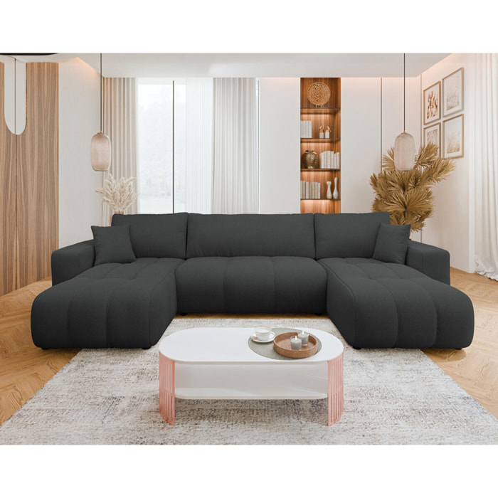 Nicole - Canapé panoramique en U 7 places convertible avec coffre en tissu - Gris Anthracite