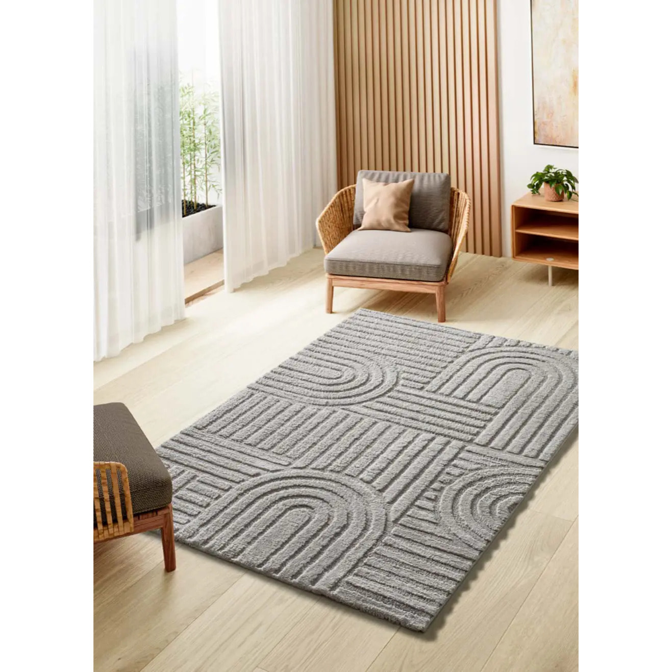 JUNO Alfombra geométrica con relieve gris, varias medidas disponibles.
