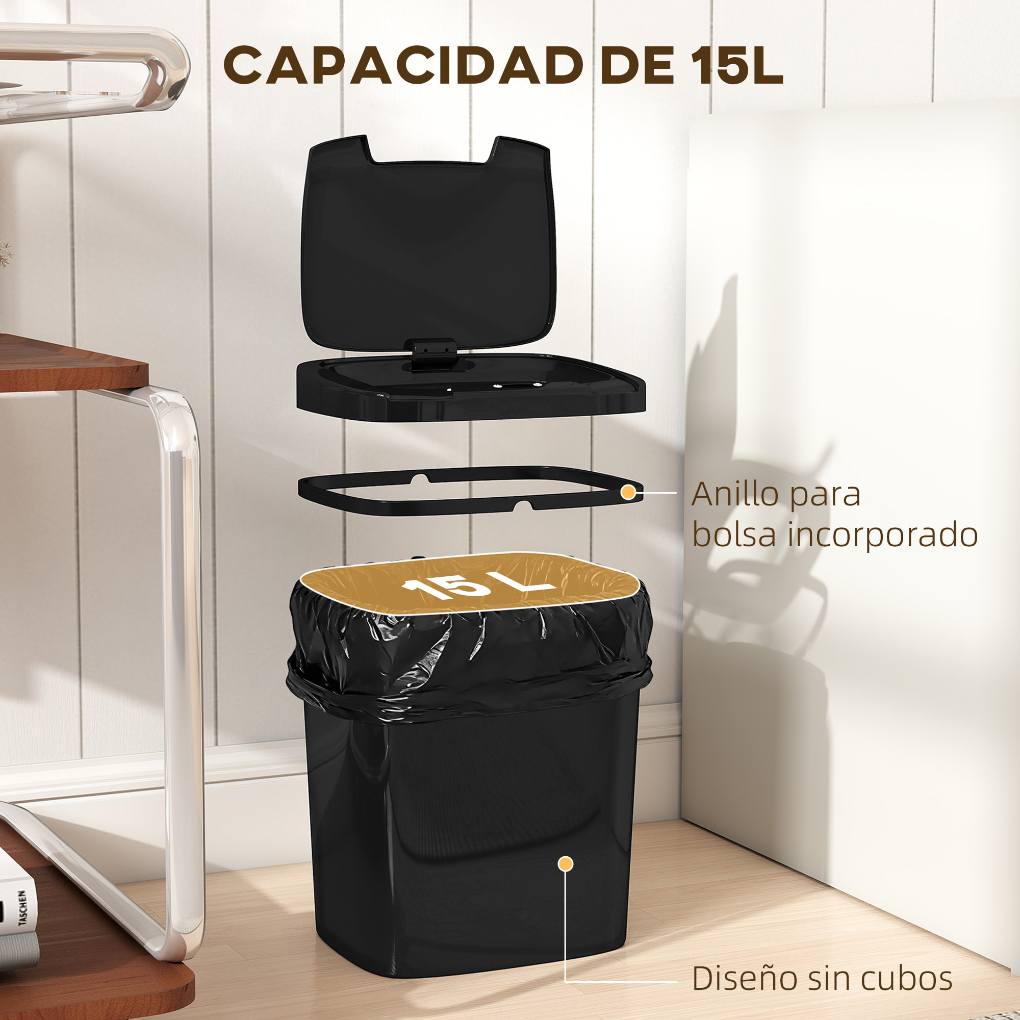 Cubo de Basura Cocina Automático 15 L, Papelera de Cocina con Sensor Infrarrojo y Modo Manual, Anillo de Retención, Antihuellas, para Oficina, Hogar, Negro