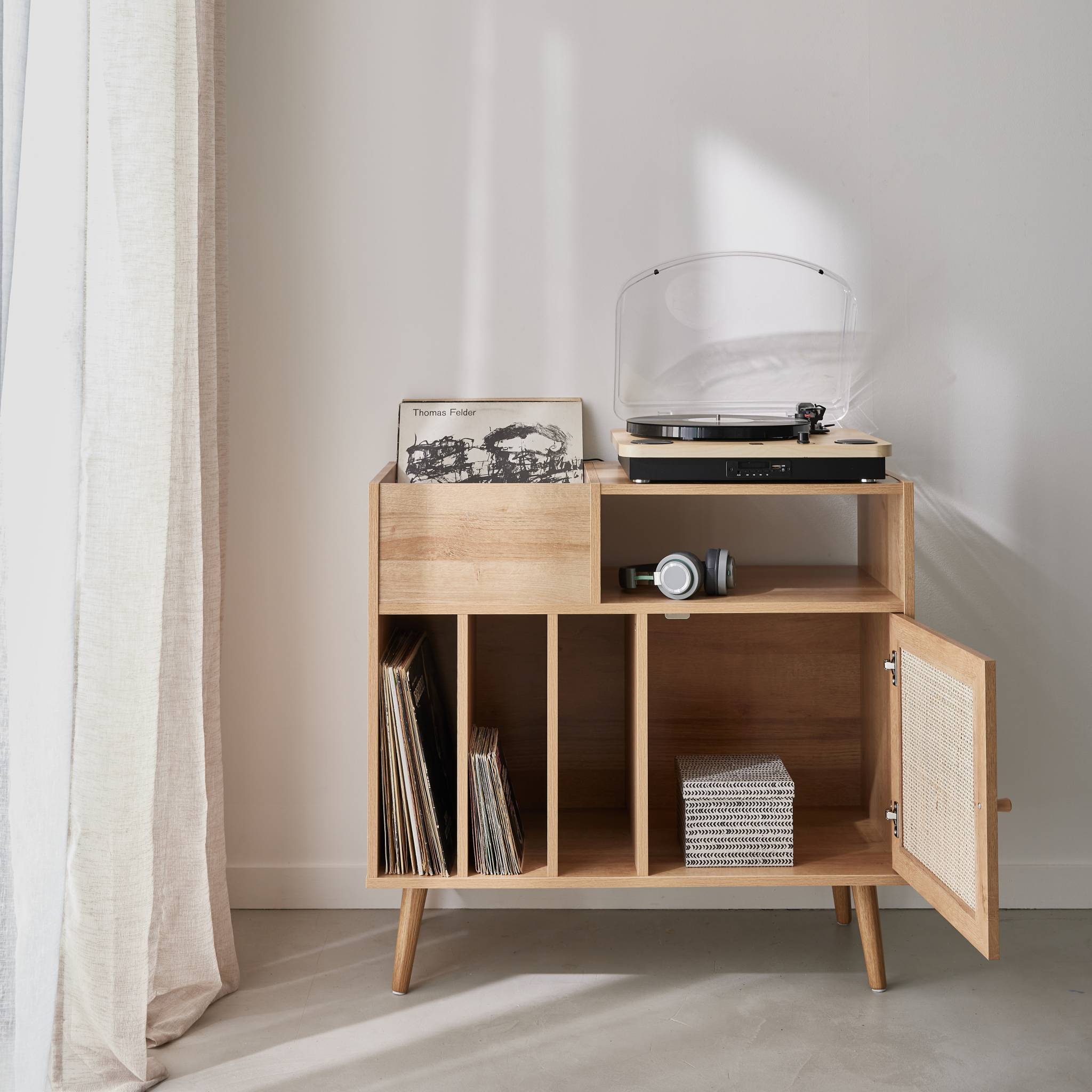 Meuble vinyle cannage et décor bois Bohème 1 porte et 4 casiers 83cm