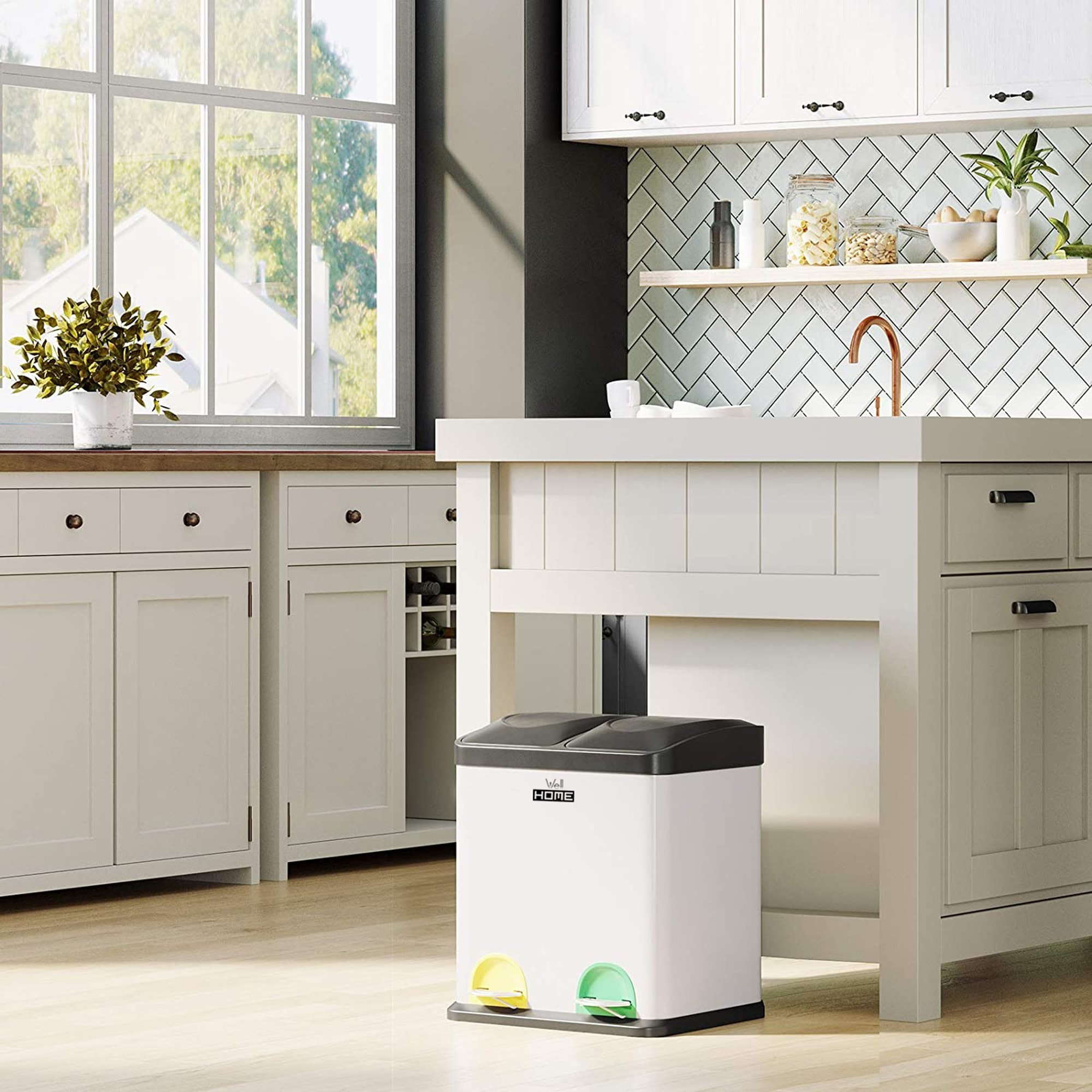 Cubo de reciclaje ecológico 16 litros de 2 compartimentos, reciclaje de basura / cubos de reciclaje, gran capacidad, para papel, vidrio y plástico