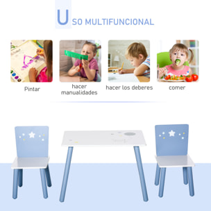 Juego de Mesa Infantil y 2 Sillas de Madera Mesa con Sillas para Niños de 2-4 Años Mesa 60x40x43 cm y Sillas 28x26x48 cm para Dormitorio Sala Blanco y Azul