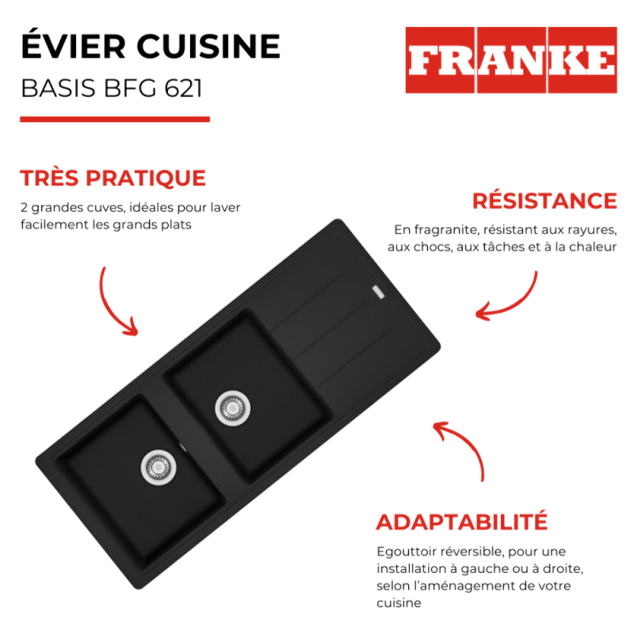 Evier cuisine 2 bacs FRANKE Basis BFG 621 égouttoir réversible + vidage manuel noir mat