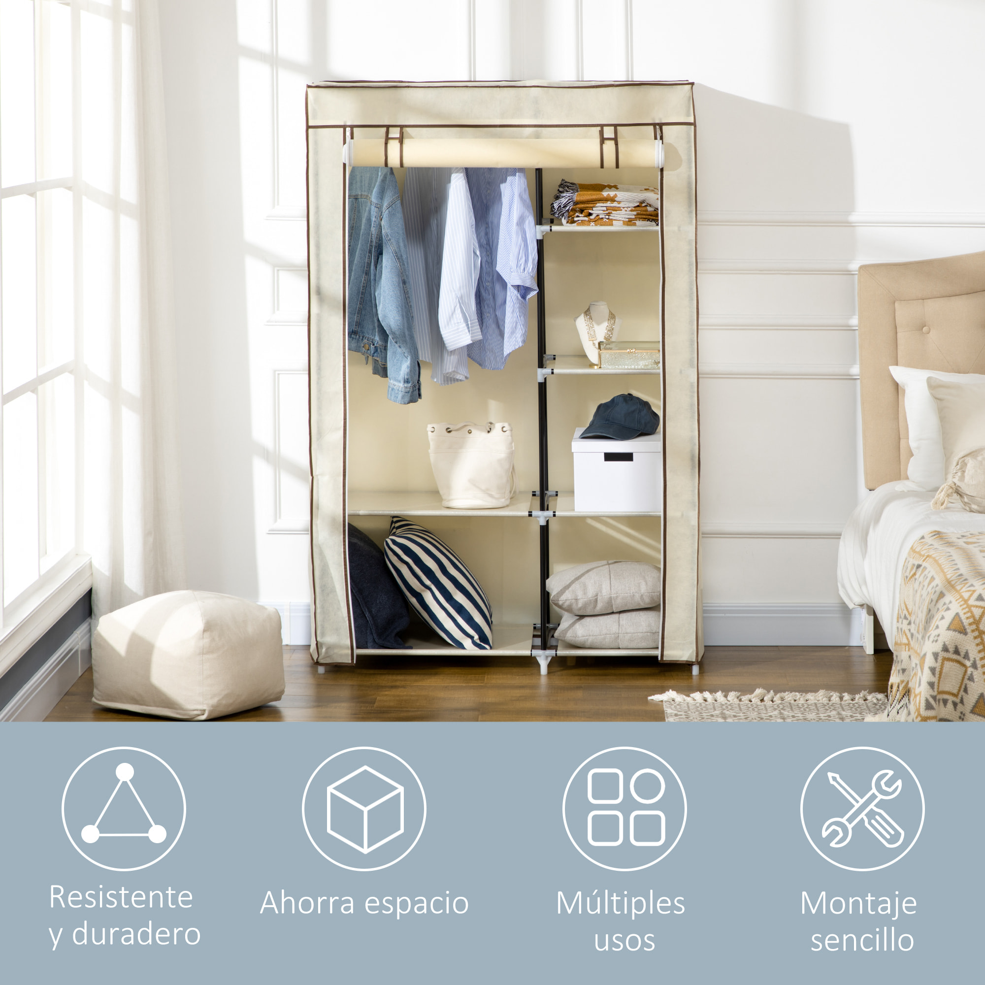 HOMCOM Armario de Tela Plegable Armario de Ropa Organizador Ropero Portátil con 6 Estantes y 1 Barra para Colgar para Dormitorio Vestidor 103x43x162,5 cm Crema