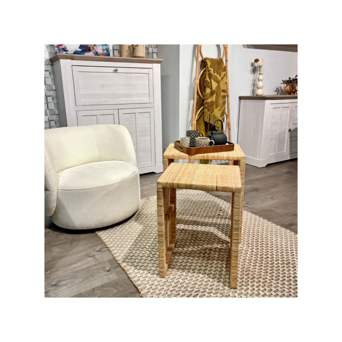 2 tables d'appoint gigognes H. 61 cm rectangulaires en rotin – GRACE