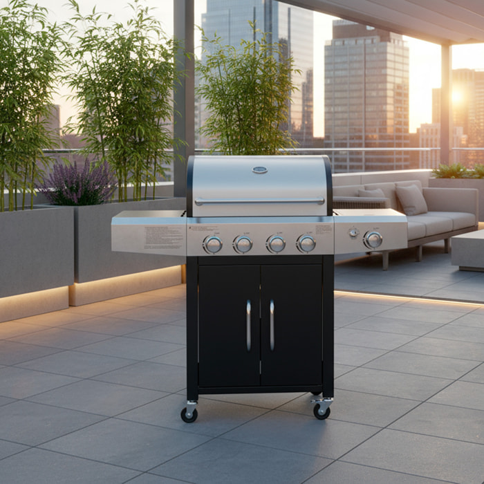 Barbecue a Gas Professionale XXL Da 16 kW con 5 Bruciatori in Acciaio Inox Fuoco Laterale Termometro Griglia Di Cottura 67x42 Cm 137×50×120 Cm Nero