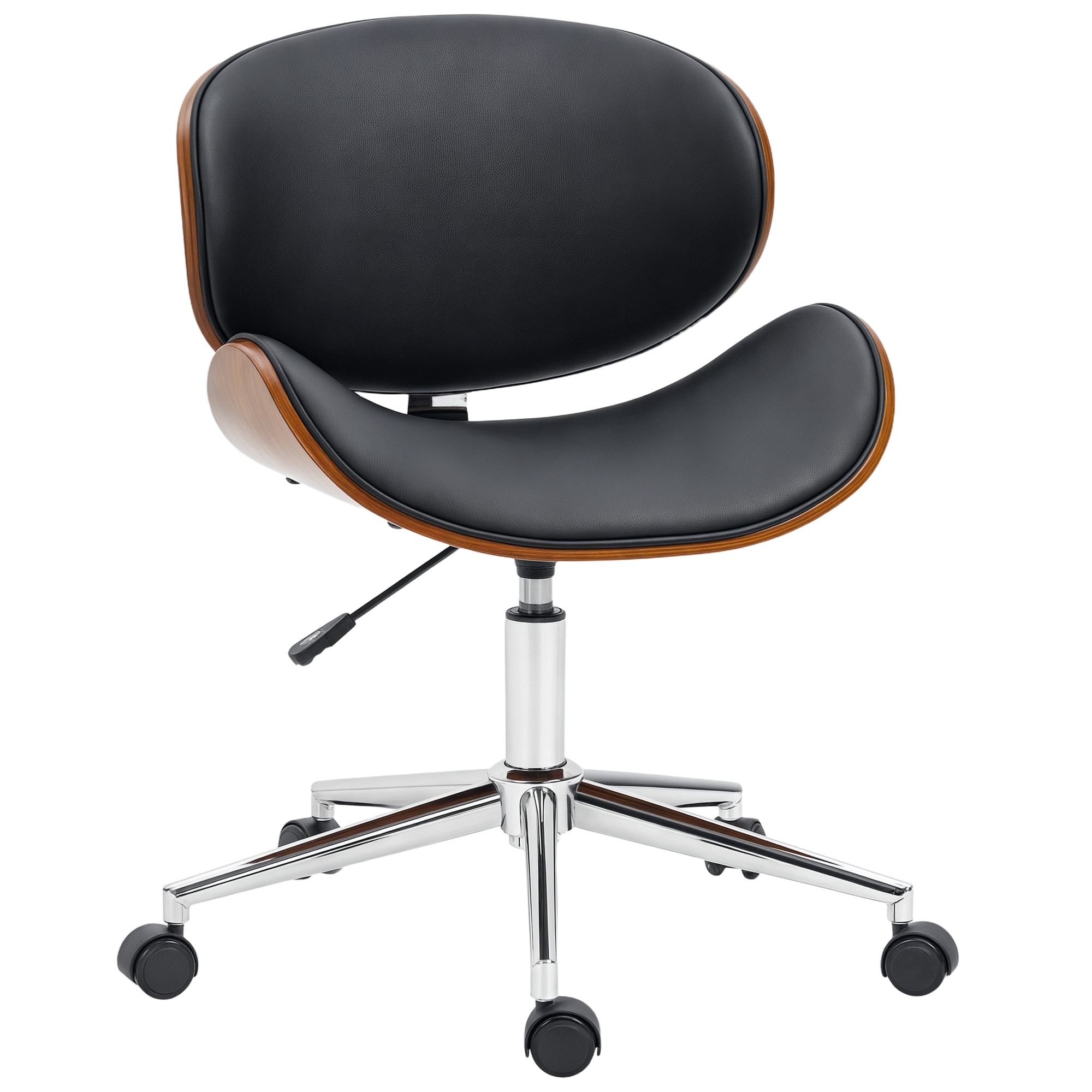 Vinsetto Silla de Oficina con Ruedas, Silla de Escritorio Tapizada en PU con Asiento Ancho y Curvado de Madera, Respaldo Acolchado, Altura Ajustable, Diseño sin Brazos, para Casa, Oficina, Negro