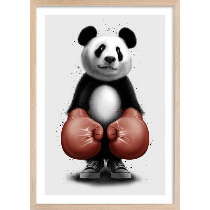 Affiche enfant panda boxer  Affiche + cadre en bois - Chêne