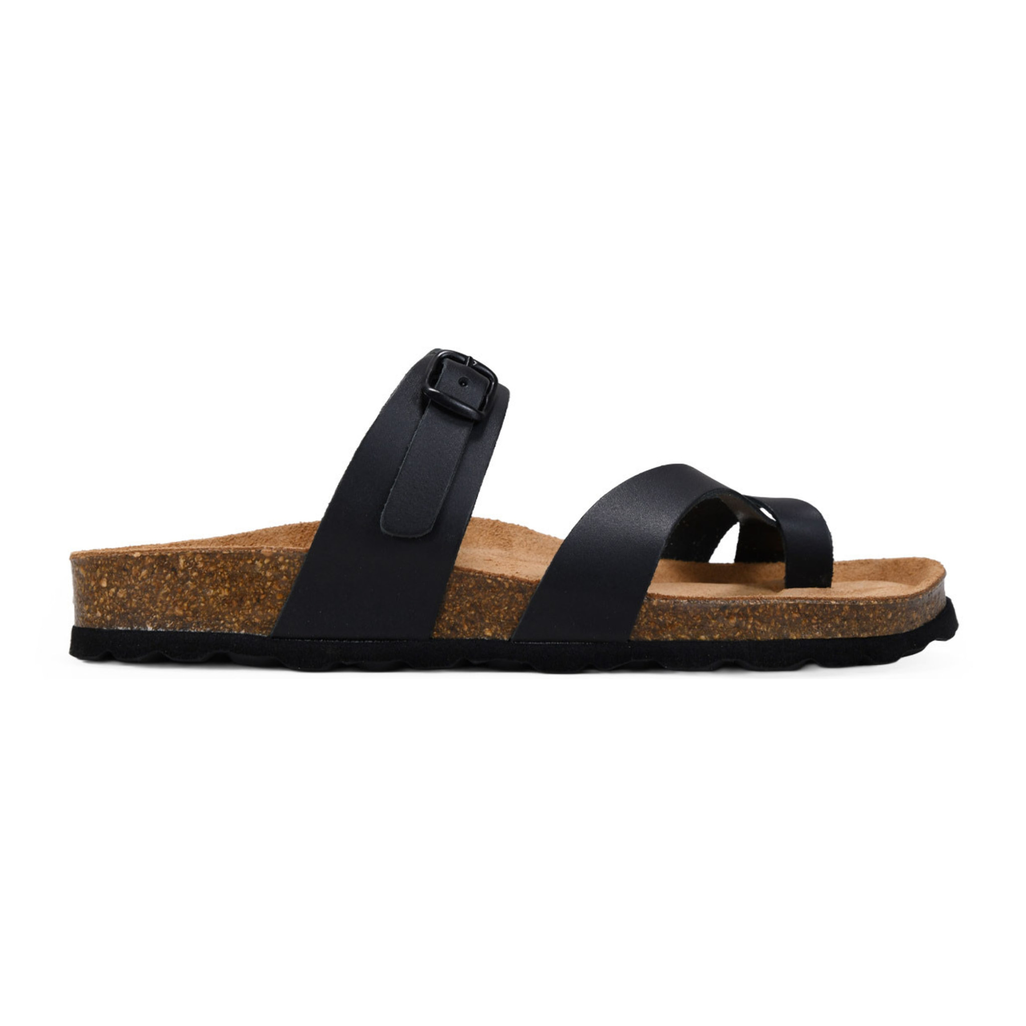 Sandalias de dedo negras en piel con suela de corcho