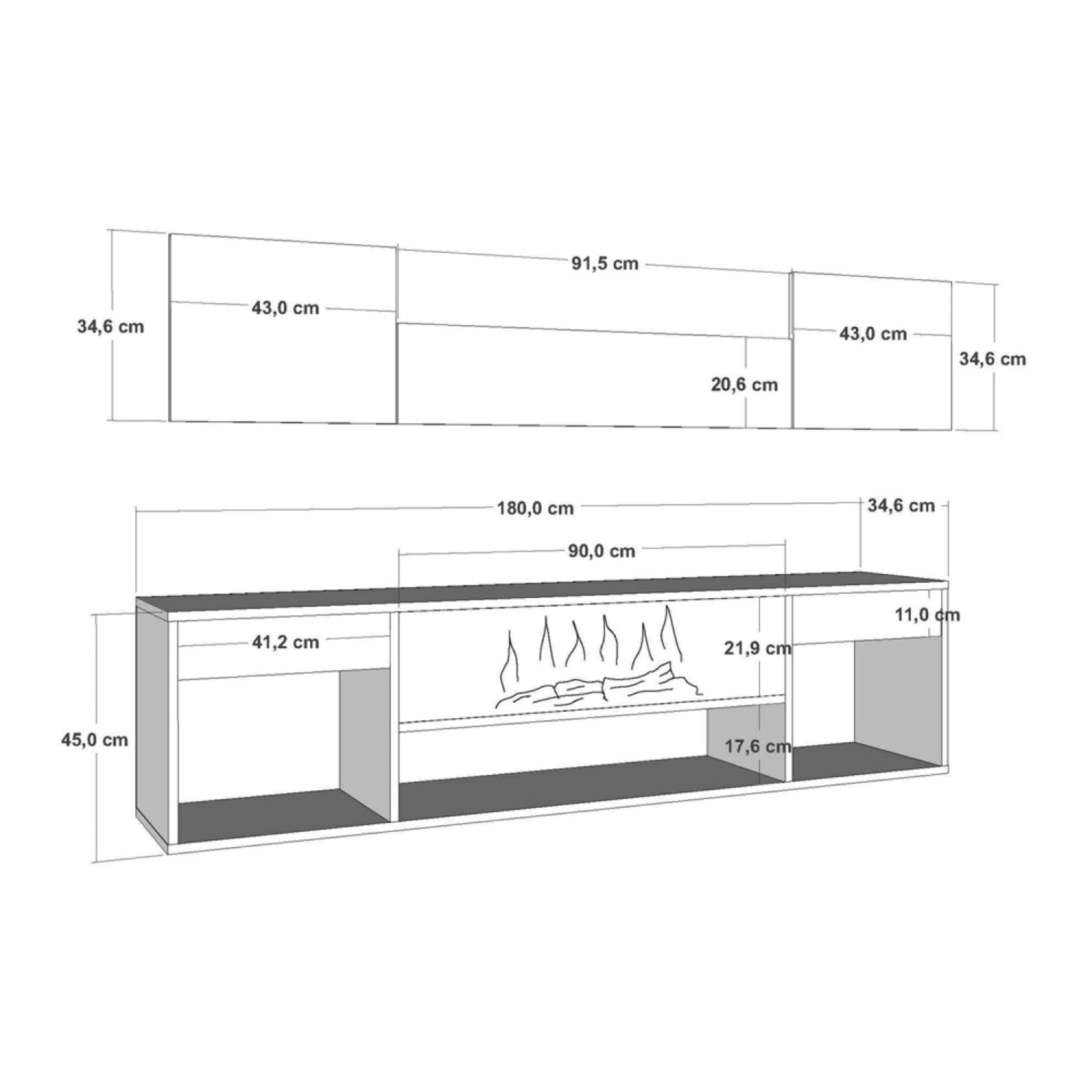 ELI Meuble TV avec cheminée LED 180cm aspect bois