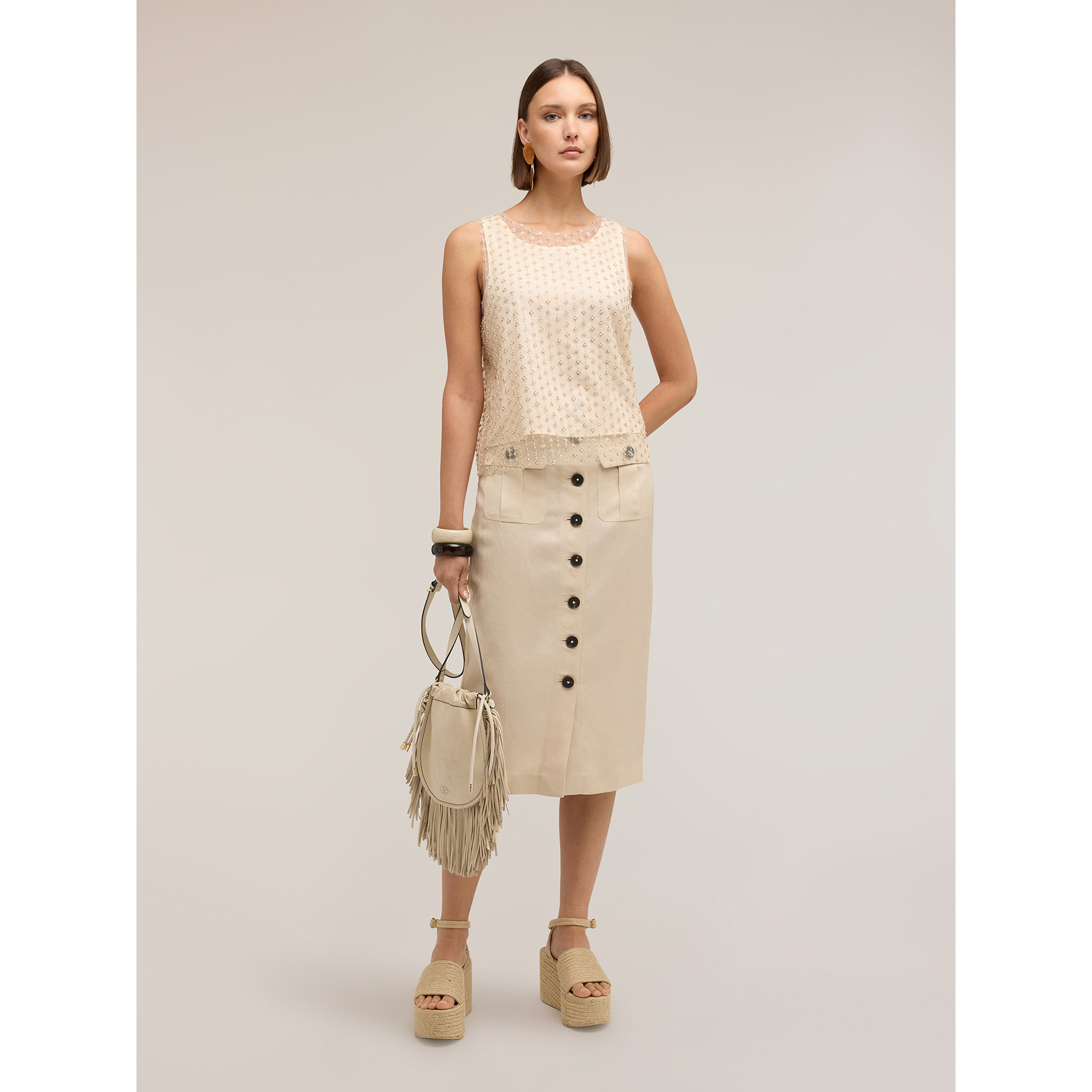 Motivi - Top de tul bordado - Beige