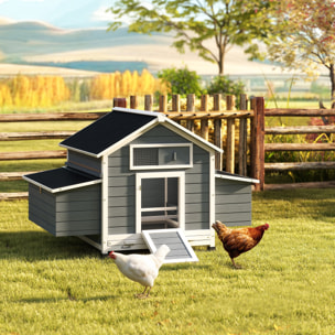 Gallinero de Madera para Exterior, Caseta para Gallinas con 2 Nidos, Bandeja Extraíble, Perchas, Techo Impermeable, Casa para 2-4 Gallinas y Conejos, 150x100x96,5 cm, Gris