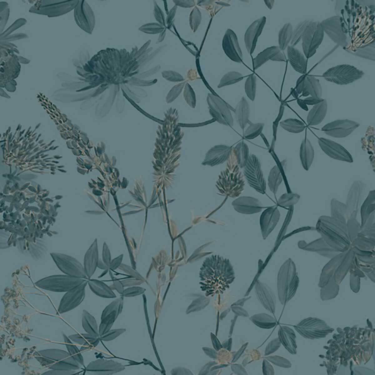 Papier peint floral botanique fond bleu canard
